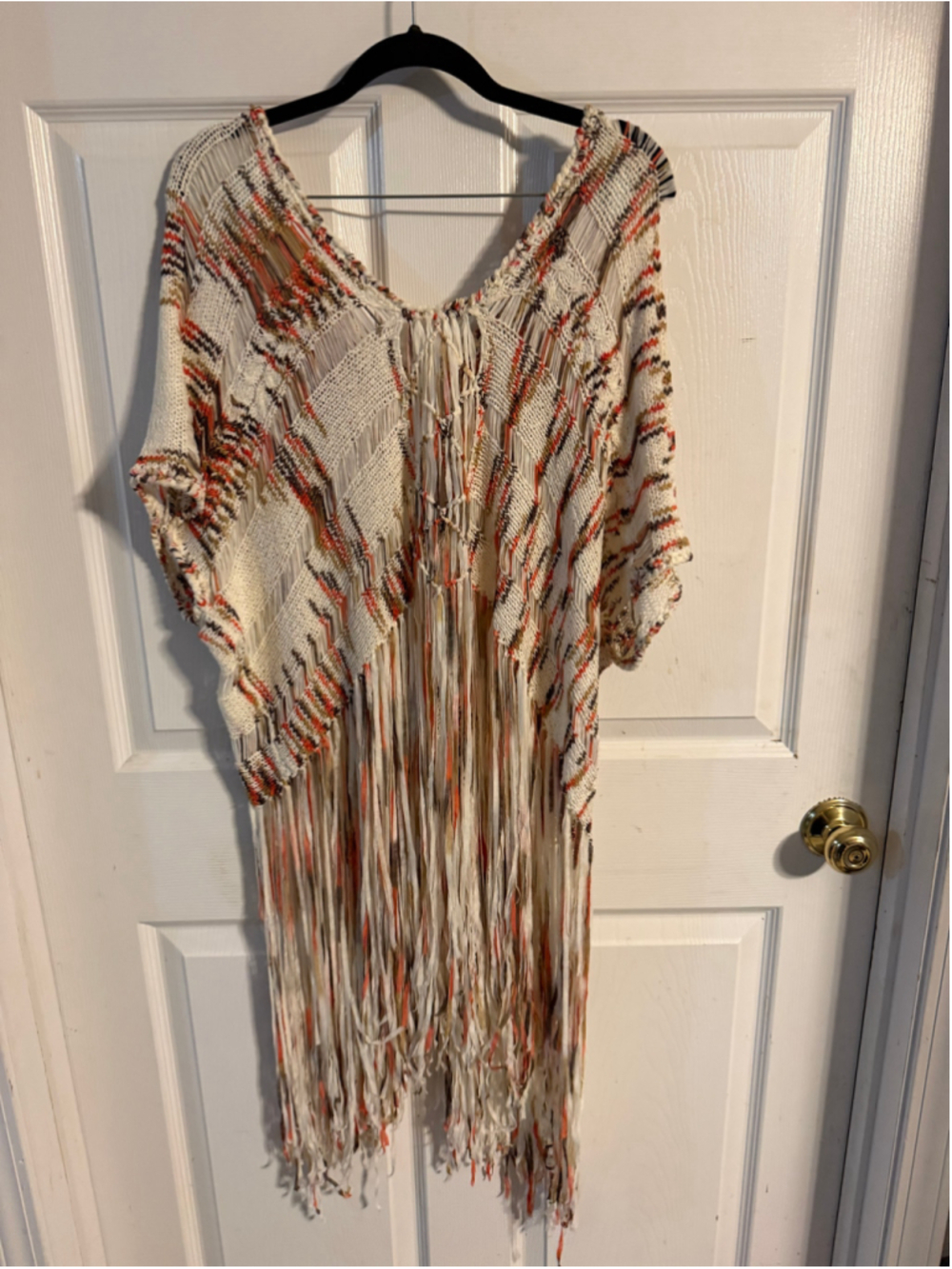 Women's Easel Tunic Top Size S/M Beige Orange Fringe Knit